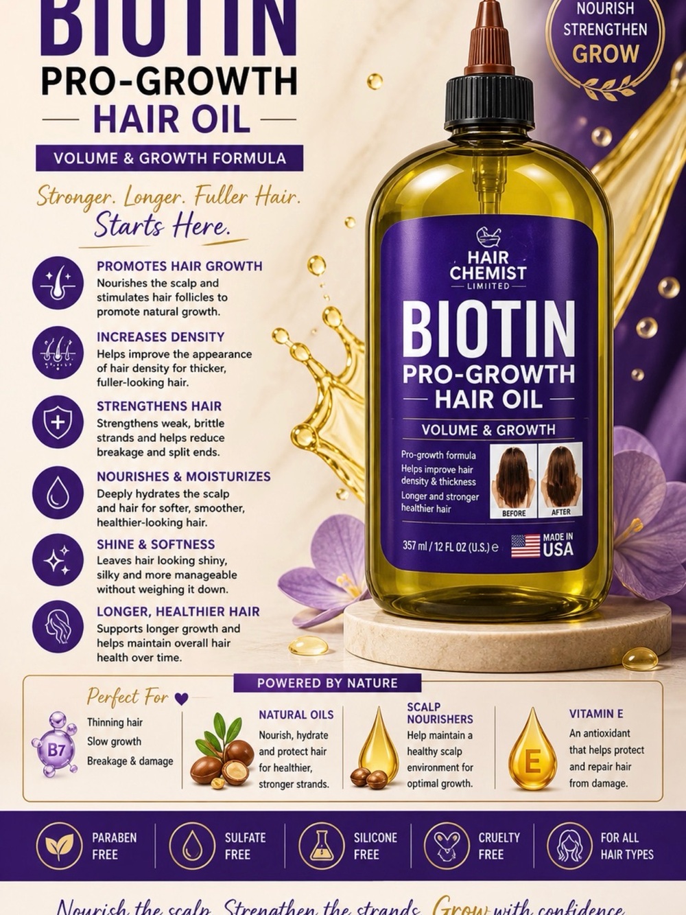 Hair Chemist Biotin Pro-Growth Hair Oil - Strengthening Biotin Hair Oil (Gold)
